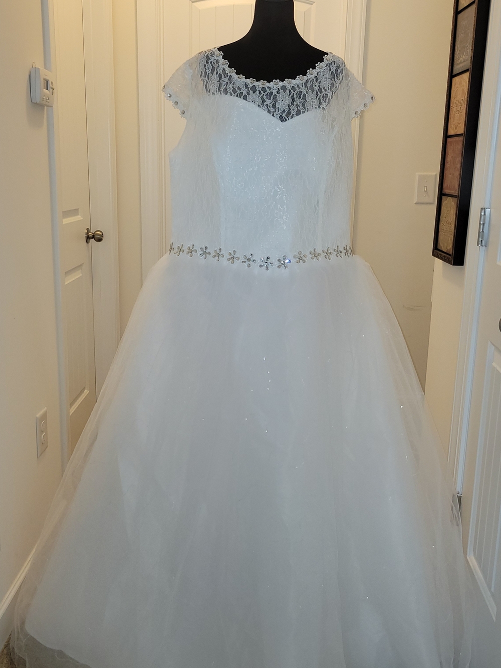 White Lace Bodice Ball Gown Wedding Dress with Jeweled Waist